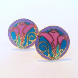 Vintage ISLE OF SKYE Pink & Aqua Lily Enameled Cloisonne Clip-on Earrings